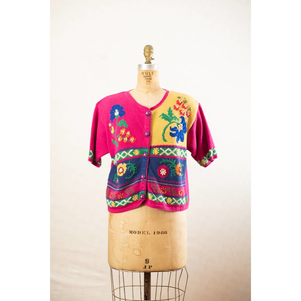 Vintage Susan Bristol Pink Floral Garden Knit Short Sleeve Sweater, Embroidery L